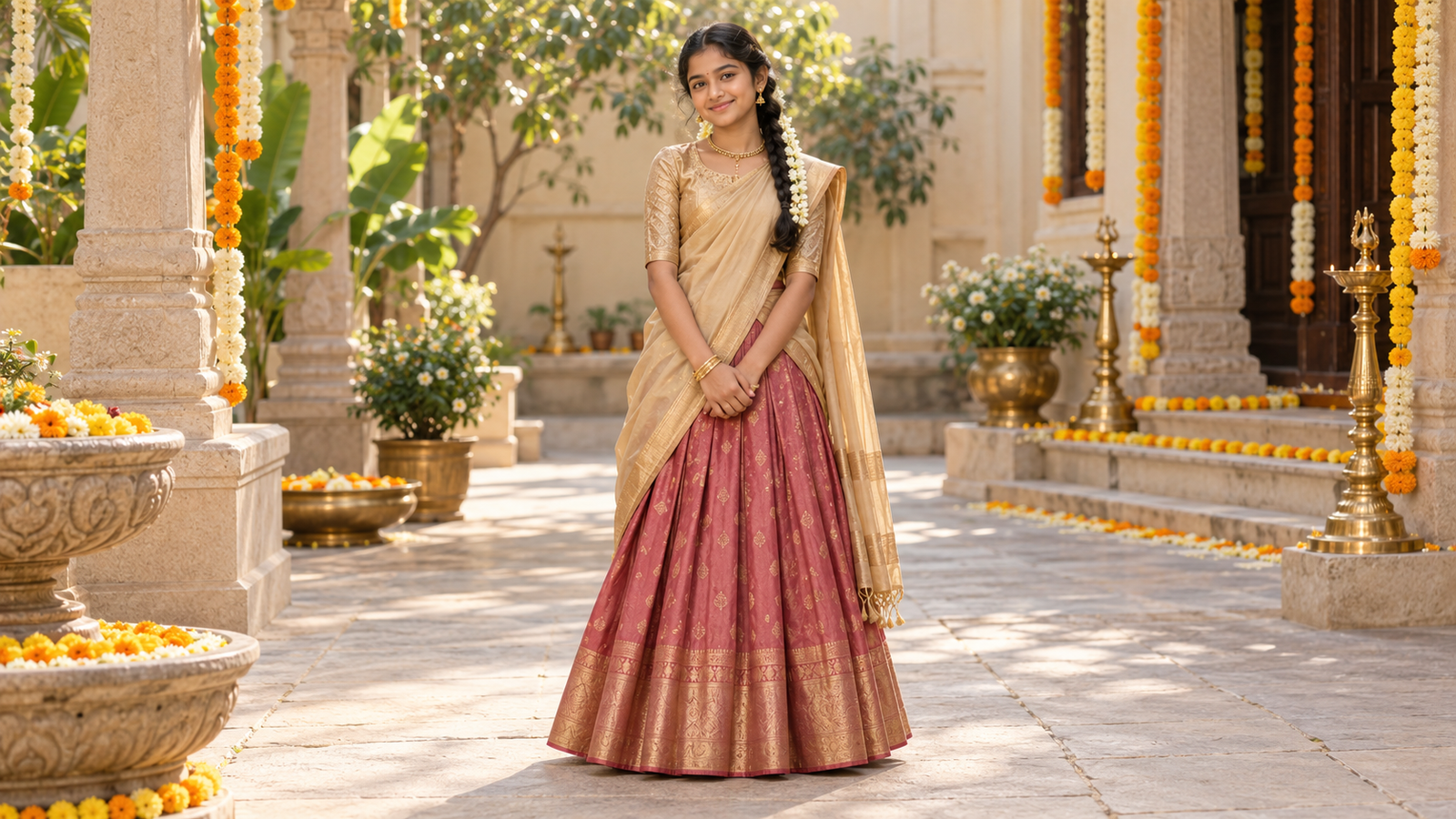 AI concept: traditional half saree celebration portrait